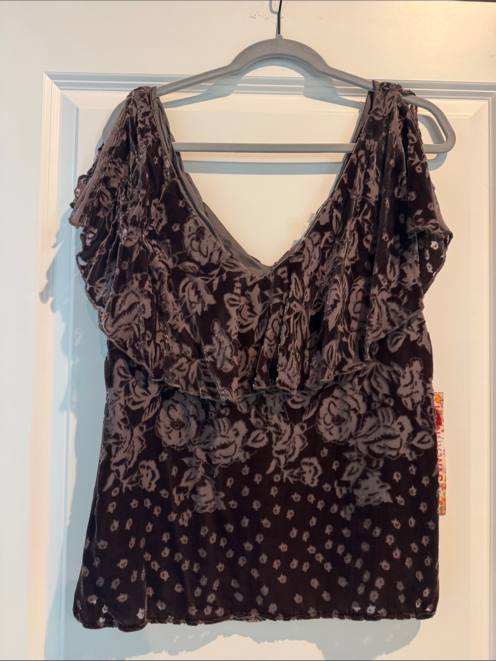 Johnny Was Brown Velvet Burnout Floral Ruffle Tank